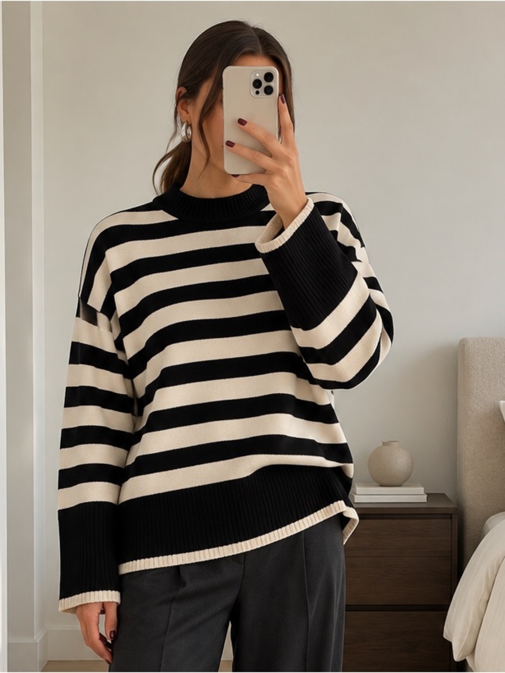 Zara Black & Cream Striped Oversized Knit Sweater Size S